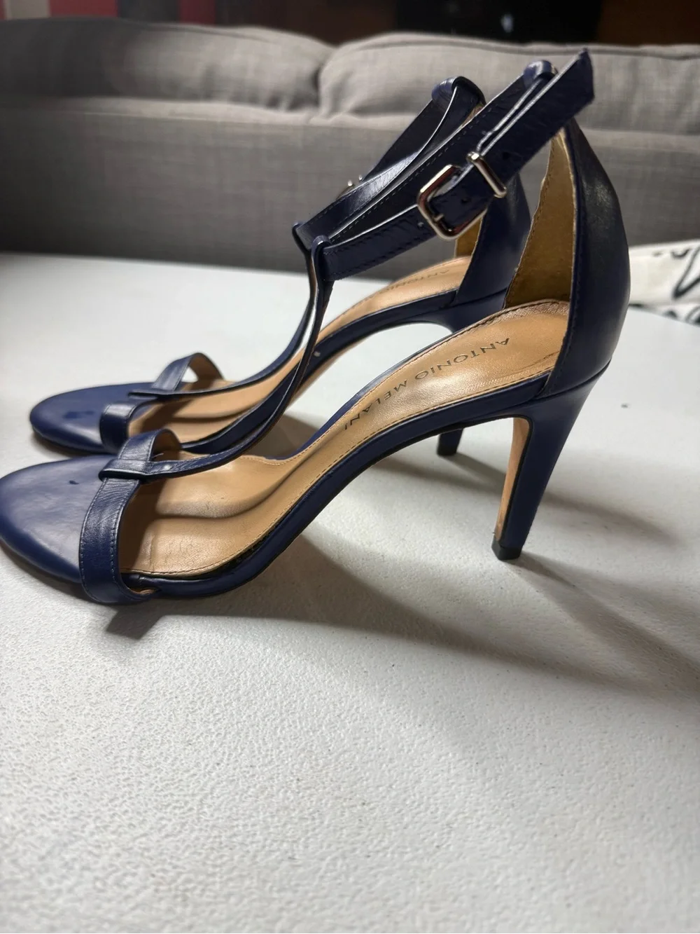 Antonio Melani Navy Blue Leather T Strap Heels Sandals Women’s Size 8M